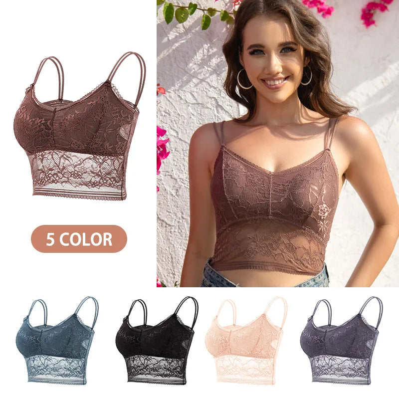 Womens Wireless Padded Lace Bras Deep V Halter Thin Bralettes Double Straps Buckle Free Elastic Underwear Pack