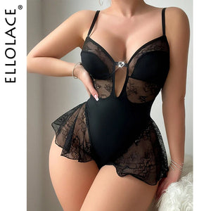Ellolace Sexy Costume Woman Bodysuit Lace See Through Youthful Woman Clothes Babydoll Ruffled Hot Top Crotchless Black Body