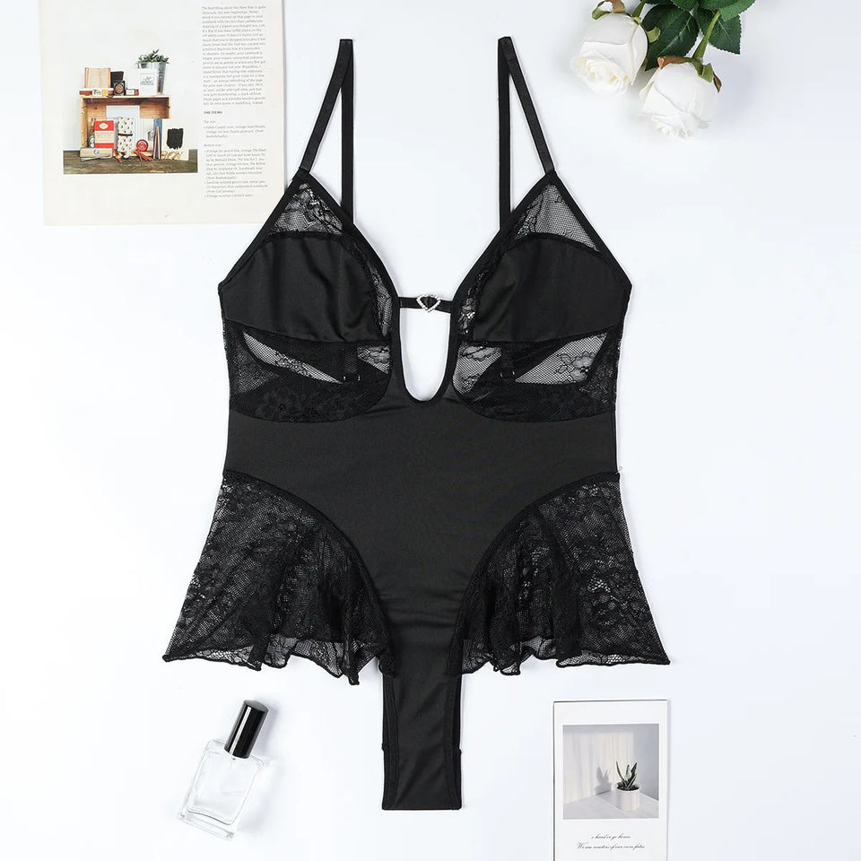 Ellolace Sexy Costume Woman Bodysuit Lace See Through Youthful Woman Clothes Babydoll Ruffled Hot Top Crotchless Black Body
