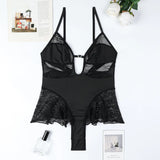 Ellolace Sexy Costume Woman Bodysuit Lace See Through Youthful Woman Clothes Babydoll Ruffled Hot Top Crotchless Black Body