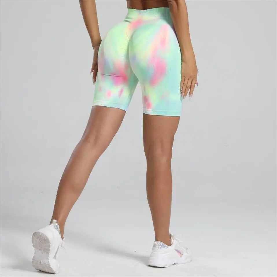 Women Tie dyed Gym Scrunch Shorts High Waist Seamless Legging Sports Yoga Leggins Elastic Pants Nylon Training Workout Tights